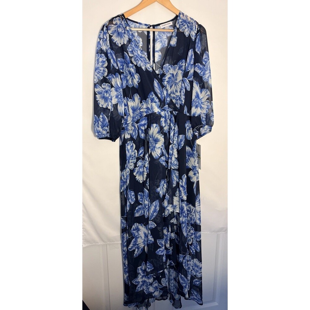 Calvin Klein chiffon 3/4 Balloon Sleeve Faux Wrap floral Dress Indigo Multi 14